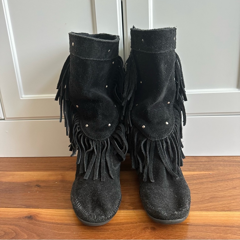 Vintage Minnetonka Black Fringe Boots Size 7